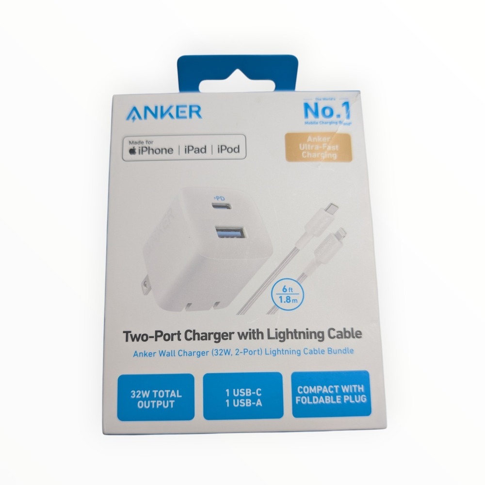 D3-O‎ Anker 32W 2-Port Wall Charger USB-C USB-A Fast Charge Lighting Cable White